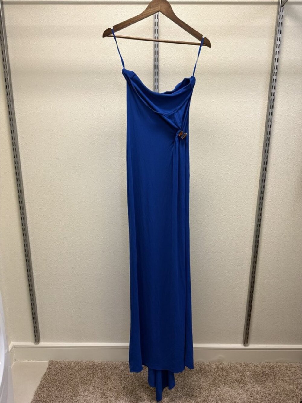 List Boutique Blue Asymmetric Draped Grecian Maxi Evening Gown Jeweled IT 42